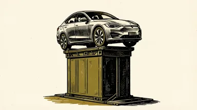 Tesla deliveries and energy storage growth: an electric car on a platform being lifted high by a large industrial battery block.