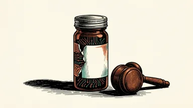 Hims & Hers Health facing a securities fraud lawsuit: a prescription bottle with a digital circuit pattern under its label sits next to a legal gavel.