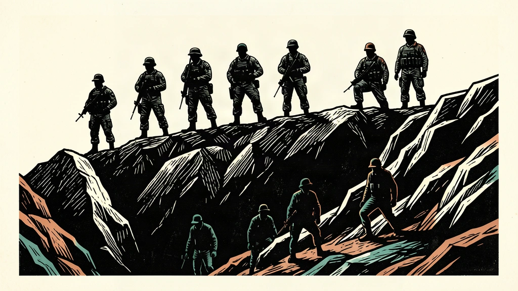 An editorial illustration showing a defensive line of silhouettes holding a high ridge against an attempted ascent from below.
