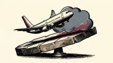 Boeing and Salesforce leading a Dow Jones decline: a commercial jet and a cloud icon weigh down one side of a tilting stone balance.