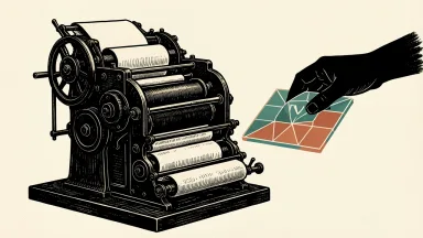 Thomson Reuters closes Global Print stake sale to KKR: a heavy printing press is weighted down while a glowing digital tile is lifted away.