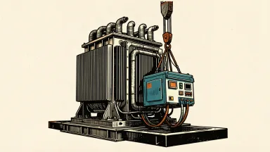 Eaton acquiring COL Group: a large industrial power transformer being joined by a smaller distribution unit lowered by a crane.