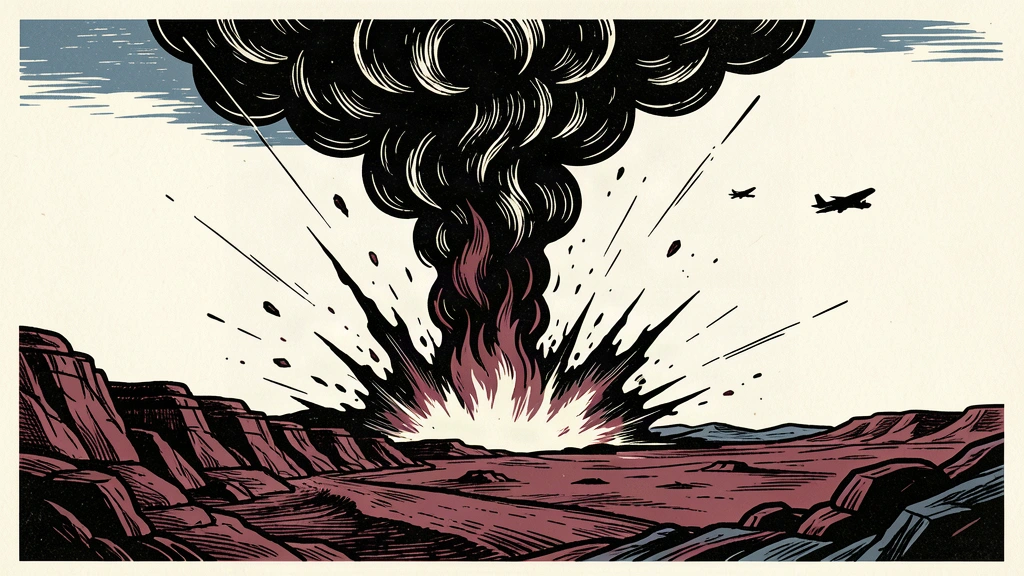 An editorial illustration showing a large explosion and smoke plume rising from a desert ridge after an airstrike.