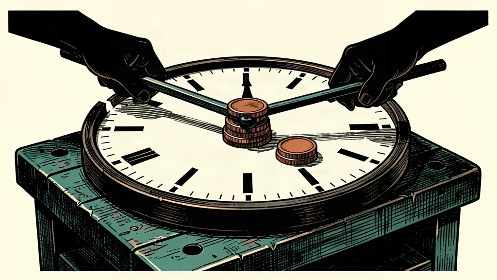 An editorial illustration showing a large clock with a section removed to represent a shorter workweek, while a stack of coins remains intact to signify no loss in pay.