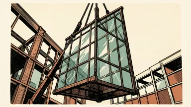 Apogee Enterprises lifts its long-term sales guidance: a large architectural glass panel is hoisted upward by cables against a building frame.