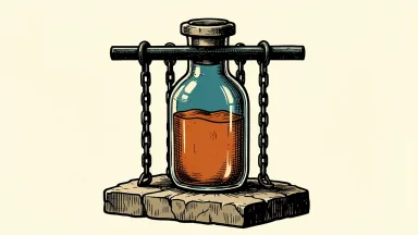 Lifecore Biomedical trading halted: a large glass vial is physically locked down by a heavy iron bar and chains.