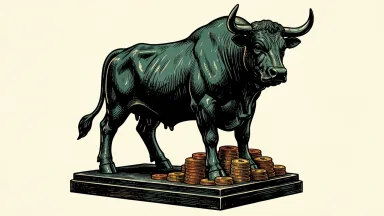 Charles Schwab third-quarter revenue is represented by a bronze bull statue with a pile of gold coins at its base.