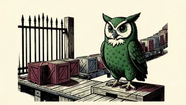 Duolingo insider sales: a green owl mascot stands on a platform as a line of crates moves away on a conveyor belt.
