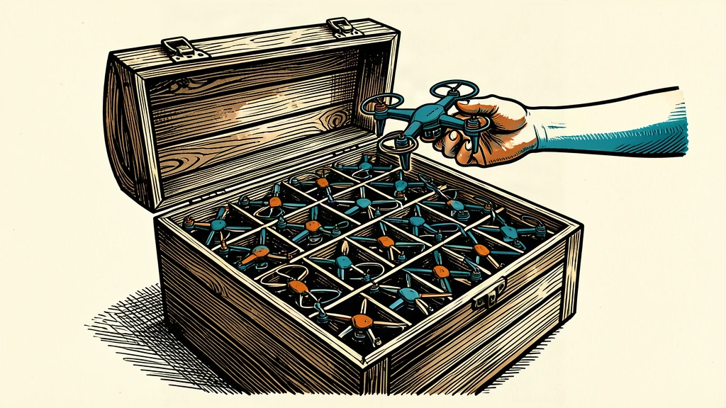 An editorial illustration showing a crate full of drones with one being lifted out by hands, representing immediate delivery.