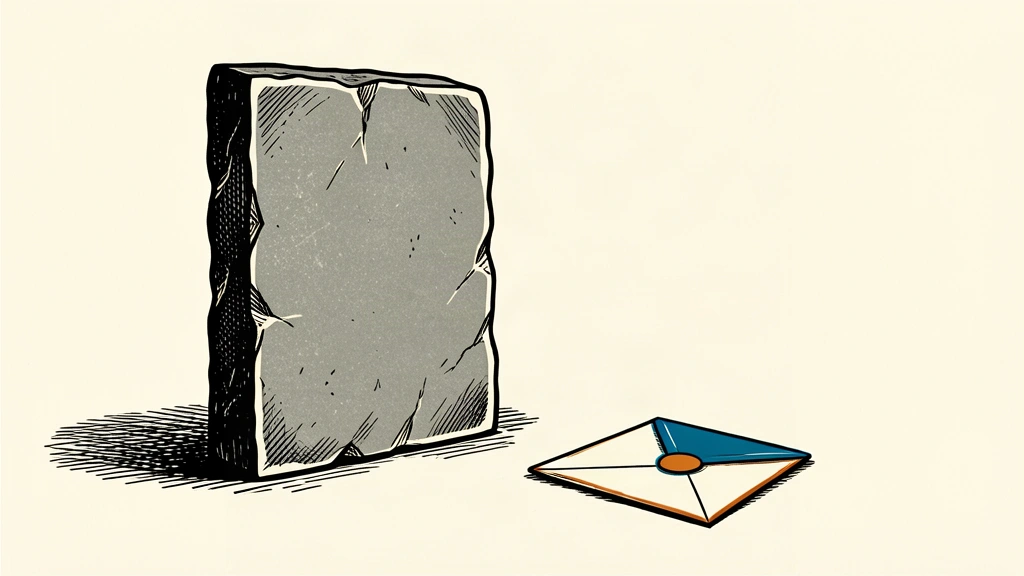An illustration of a large stone slab standing next to a small, sealed envelope on a plain surface.