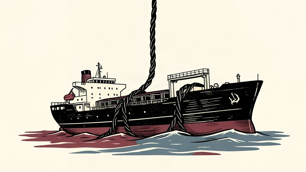An editorial illustration showing a large oil tanker being constricted by a thick black cable, representing the tension of a cyberattack.