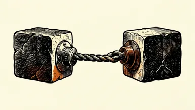 US-Iran tensions de-escalating: a heavy rope between two stone blocks is loosened as a central pin is inserted to stabilize the connection.