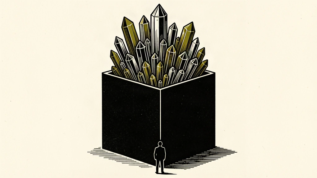 A conceptual illustration of a massive black cube representing a trillion-dollar valuation, with intricate crystalline structures growing from its top, dwarfing a small silhouette at its base.