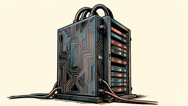SolarEdge AI data center power technology: a large solid-state transformer connected by thick cables to a tall server rack.