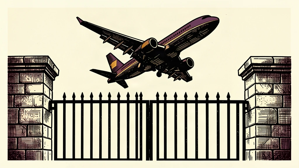 An editorial illustration showing a large iron gate closed against the sky as a civilian aircraft turns away from it.