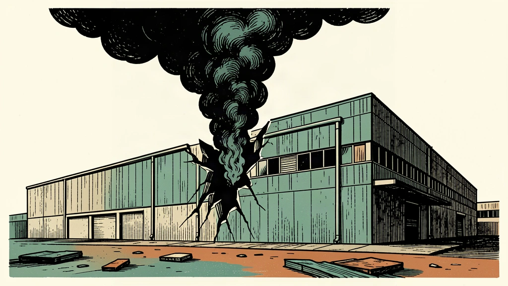 An editorial illustration showing a damaged building with smoke rising from a rupture, representing a reported attack.