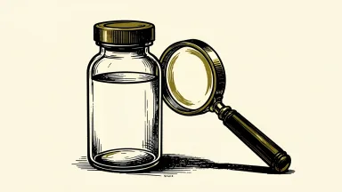Xenon Pharmaceuticals coverage resumed with a Buy rating: a pharmaceutical vial viewed through a large magnifying glass.
