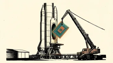 SpaceX raising capital to buy Nvidia chips: a large rocket on a launchpad being fitted with a giant semiconductor chip by a crane.