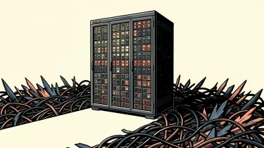 Everpure enterprise data management for AI: a solid storage cabinet clearing a path through a tangle of data cables.