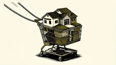 Brixmor and Everview acquire Slate Grocery REIT: a large shopping cart carrying several grocery store buildings is pulled forward by two heavy ropes.