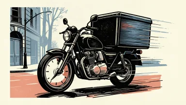 A delivery motorcycle leaning into a turn at high speed, with motion lines and a stopwatch motif in the wheel.