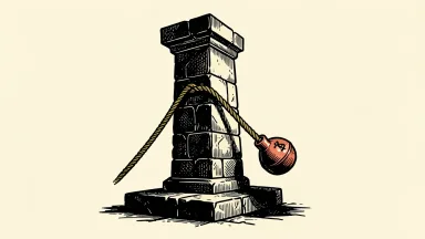 Nasdaq 100 and S&P 500 under pressure from inflation data: a heavy iron weight pulls a thick cable taut against a large, tilting stone pillar.