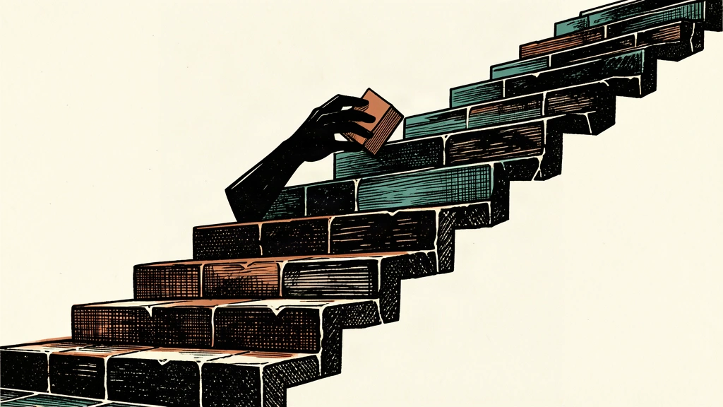 A conceptual illustration showing a hand adding a new block to a rising stone staircase that has not yet reached its peak.