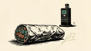 Chipotle's burrito with a downtrend arrow and IREN's mining rig with an uptrend arrow.