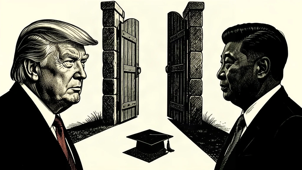 An editorial illustration showing an empty academic cap on the ground near a heavy stone gate, framed by the silhouettes of Trump and Xi. Identity photo references adapted into illustration: Daniel Torok (Public domain; https://commons.wikimedia.org/wiki/File:Official_Presidential_Portrait_of_President_Donald_J._Trump_(2025).jpg); source https://commons.wikimedia.org/wiki/File:Official_Presidential_Portrait_of_President_Donald_J._Trump_(2025).jpg | Официальный веб-сайт Президента Российской Федерации (CC BY 4.0; https://creativecommons.org/licenses/by/4.0); source https://commons.wikimedia.org/wiki/File:Chinese_President_Xi_May_2024.jpg