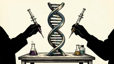 NeoGenomics leadership succession and revenue growth: a stylized DNA double helix on a workbench between two laboratory pipettes.