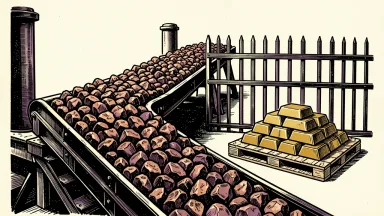 Freeport-McMoRan copper production and deferred gold sales: a conveyor belt of copper ore moves past a gated pallet of gold bars.