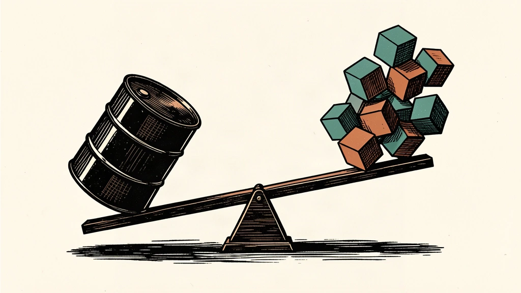An editorial illustration showing a heavy oil barrel weighing down one side of a scale, causing market blocks on the other side to rise and destabilize.