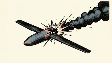 A drone intercepted in the Riyadh region: a fixed-wing drone ruptures in mid-air from a sharp pressure burst with a dark smoke plume against an ivory background.