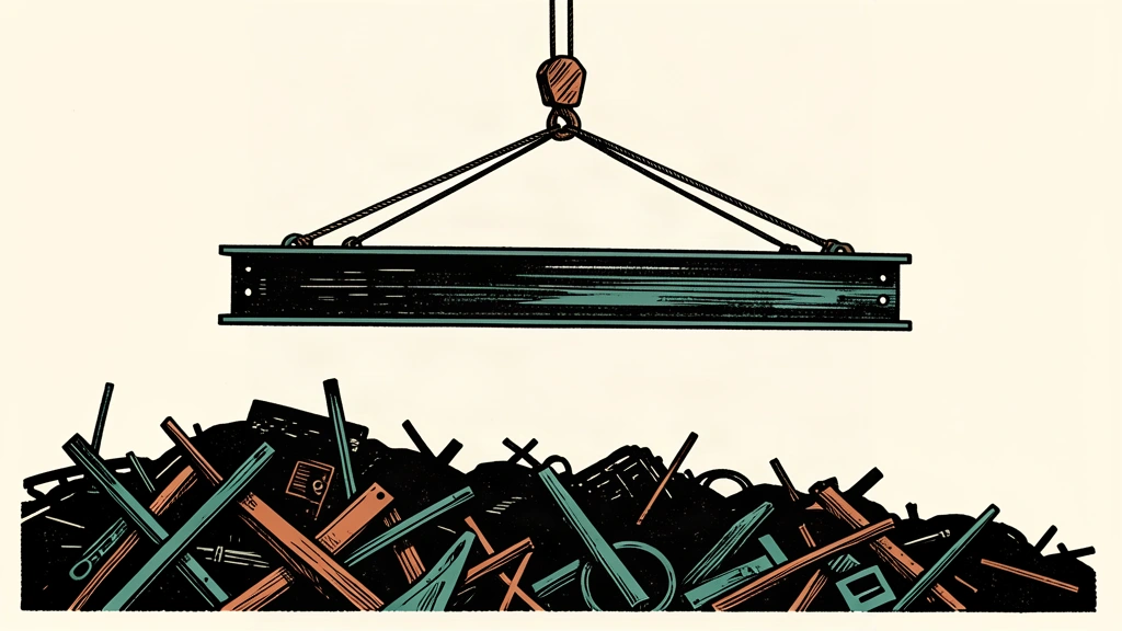 A heavy steel beam is lifted by a taut cable, rising above a dark pile of industrial scrap into open space.