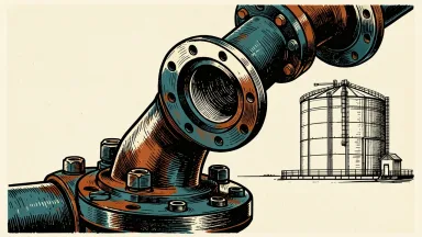 OMS Energy Technologies secures new orders: a heavy industrial pipe connector being lowered into place to join another flange against an oil tank silhouette.