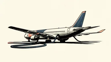 Delta Air Lines earnings under pressure from fuel costs: a commercial jet on the ground connected to a heavy, taut fuel hose.