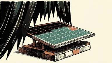 TOYO solar panel outlook amid trade uncertainty: a large solar panel on a stone base partially covered by a heavy dark curtain.