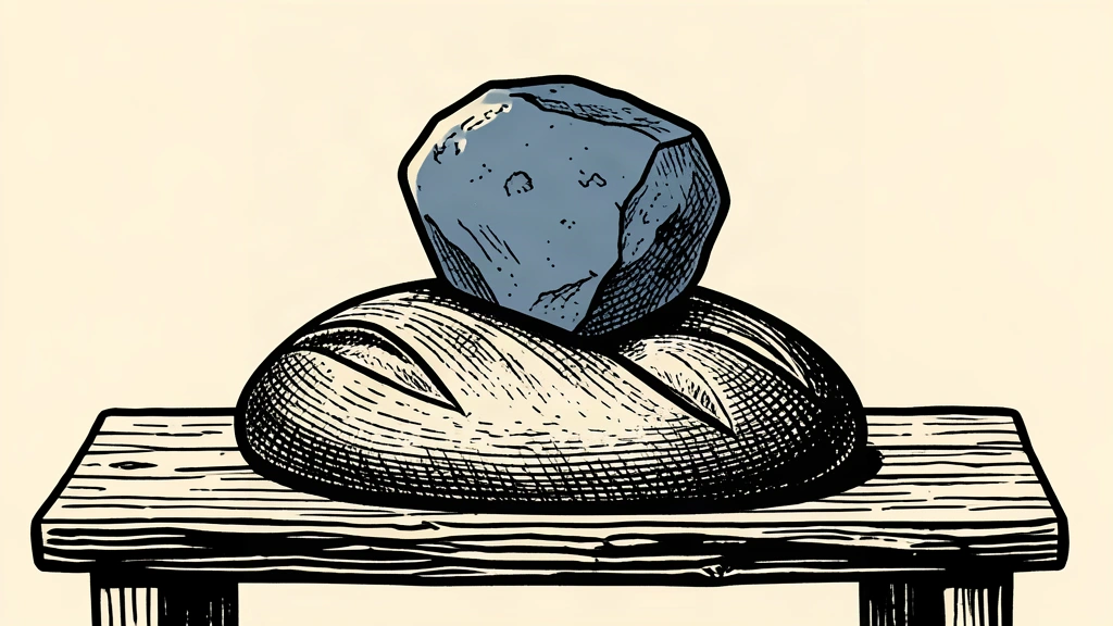 A conceptual linocut of a heavy stone weight pressing down on a single loaf of bread to represent the pressure of inflation.