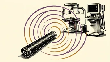 An editorial illustration showing a handheld ultrasound device emitting waves that expand into the shapes of larger medical devices, symbolizing market expansion.