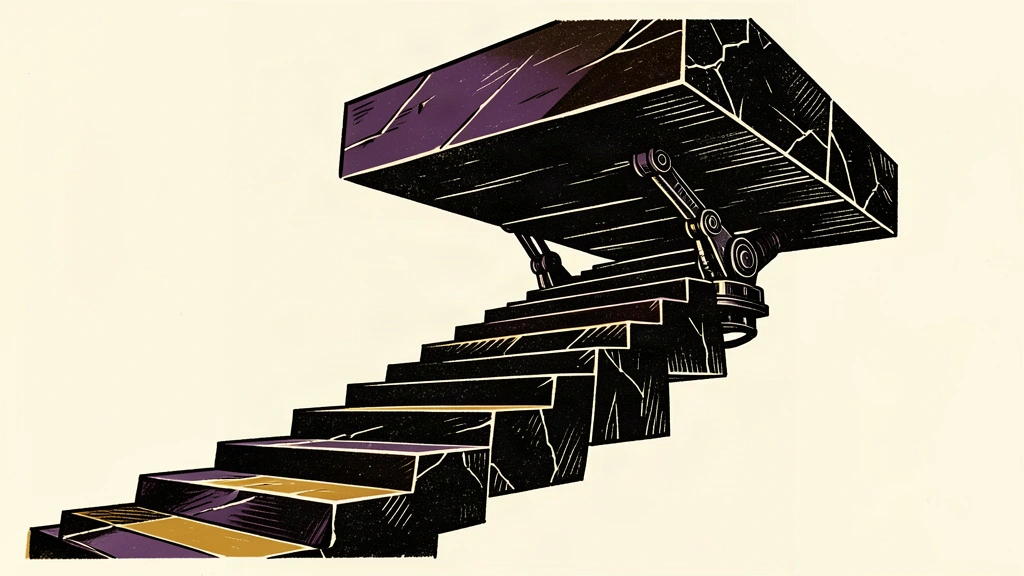 A conceptual illustration of a robotic arm lifting increasingly massive slabs to form an accelerating upward staircase, representing extreme economic growth.