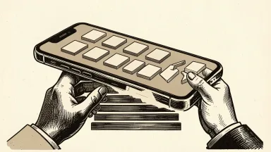 Apple's strategy shift under CEO John Ternus: a smartphone with a continuous line of product tiles on top while management layers are removed from beneath it.