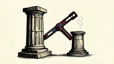 Indonesia's potential MSCI downgrade: a stone pillar representing the country is moved away from a larger index structure by a heavy mechanical lever.