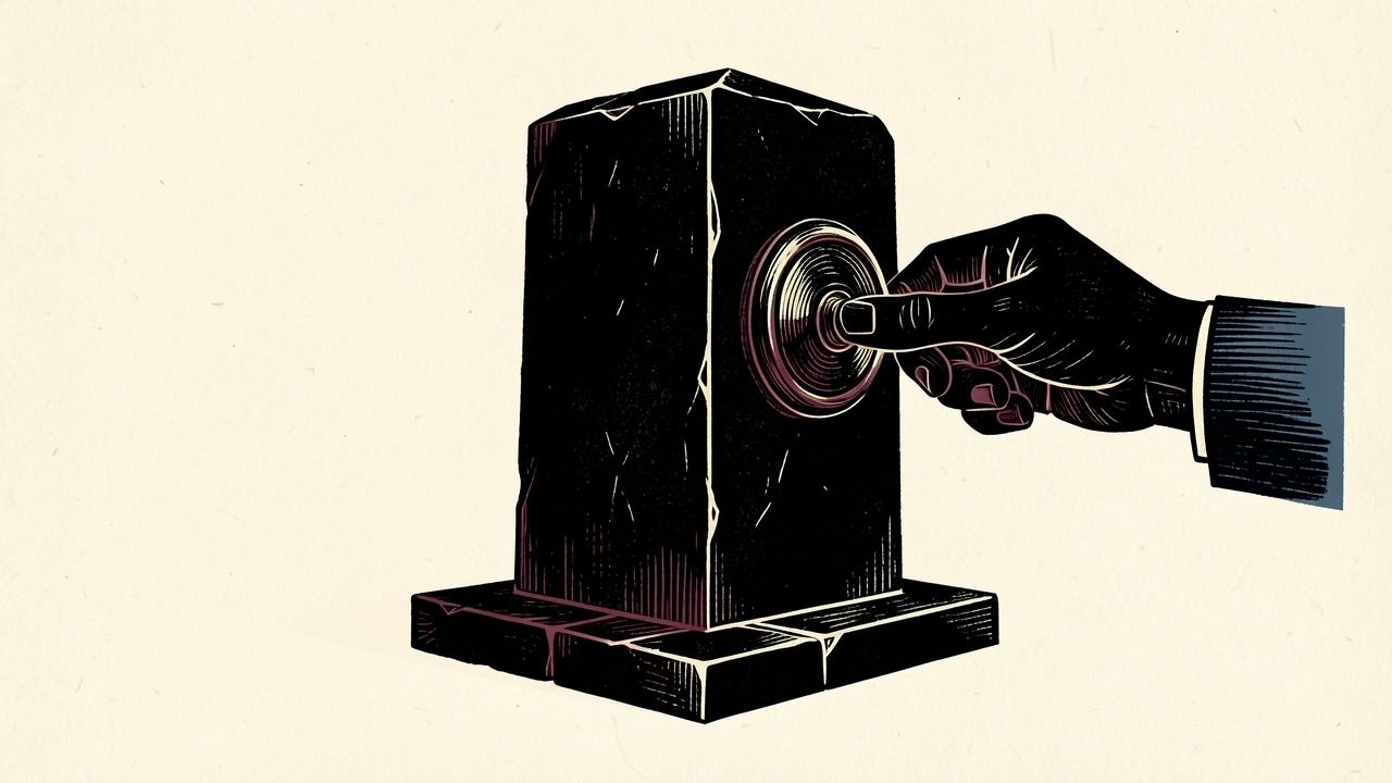 Blackstone credit rating affirmed by Fitch: a solid black monolith stands on a stable stone base while a hand presses a heavy seal against its surface.