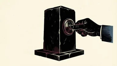 Blackstone credit rating affirmed by Fitch: a solid black monolith stands on a stable stone base while a hand presses a heavy seal against its surface.