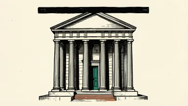 Old National Bancorp price target lowered: a classical bank building under the pressure of a descending horizontal bar.