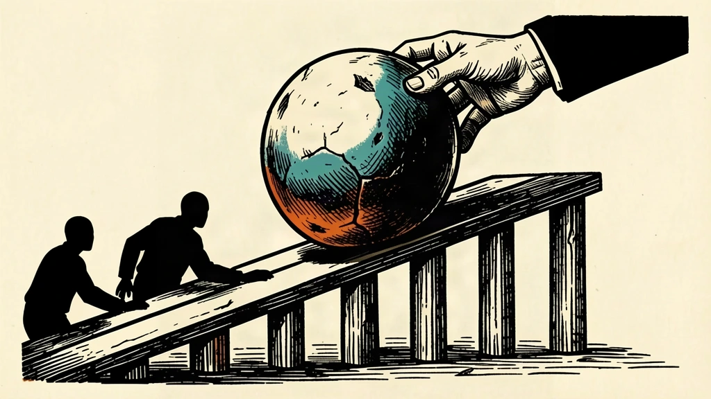 An editorial illustration showing hands rolling a heavy stone up a supported ramp toward a target line.