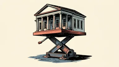 Prosperity Bancshares upgraded to Outperform: a classical bank building being lifted upward by a mechanical jack.