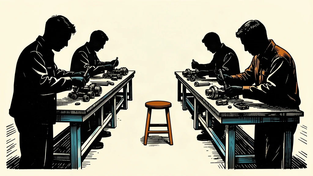 An editorial illustration showing a gap in a line of industrial workers, representing a decrease in prime-age labor participation.