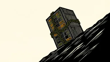 Nasdaq and AI sector under pressure: a large server rack is pulled down a steep slope by a heavy iron chain.