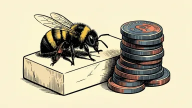 Bumble acquisition by Ithaca: a large bumblebee rests on a solid ivory block next to a stack of coins.